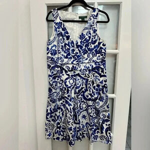 Lauren Ralph Lauren Paisley Floral Blue & White Sleeveless Shift Dress Size 14